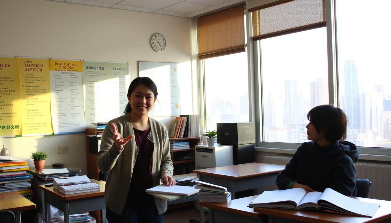 Ett mysigt klassrum i Taipei, Taiwan, där "Tahric undervisar" i engelska. I förgrunden gestikulerar en leende handledare medan en elev lyssnar uppmärksamt, med sina böcker och anteckningar utspridda på skrivbordet. Varmt, naturligt ljus silas in genom fönstret och skapar en välkomnande atmosfär. I mitten är väggarna prydda med färgglada språkdiagram och inspirerande citat, vilket främjar en stödjande inlärningsmiljö. Bakgrunden visar upp den pulserande stadsbilden utanför, vilket antyder den mångkulturella upplevelsen av att studera engelska i denna dynamiska önation.