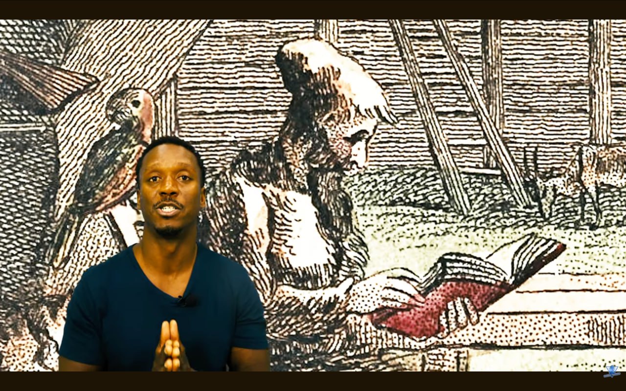 Robinson Crusoe reading with his parrot