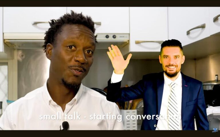 English teacher demonstrating how to start a small talk conversation