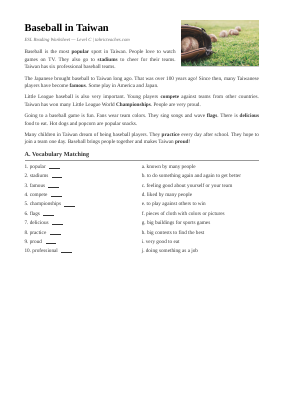 Baseball in Taiwan | Intermediate ESL Worksheet