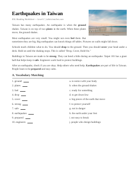 Earthquakes in Taiwan | Intermediate ESL Worksheet