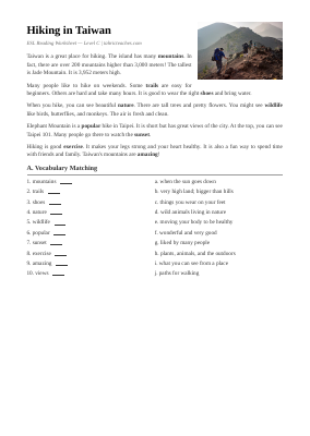 Hiking in Taiwan | Intermediate ESL Worksheet
