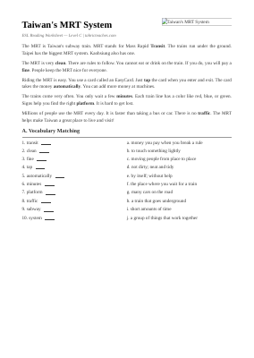 Taiwan’s MRT System | Intermediate ESL Worksheet