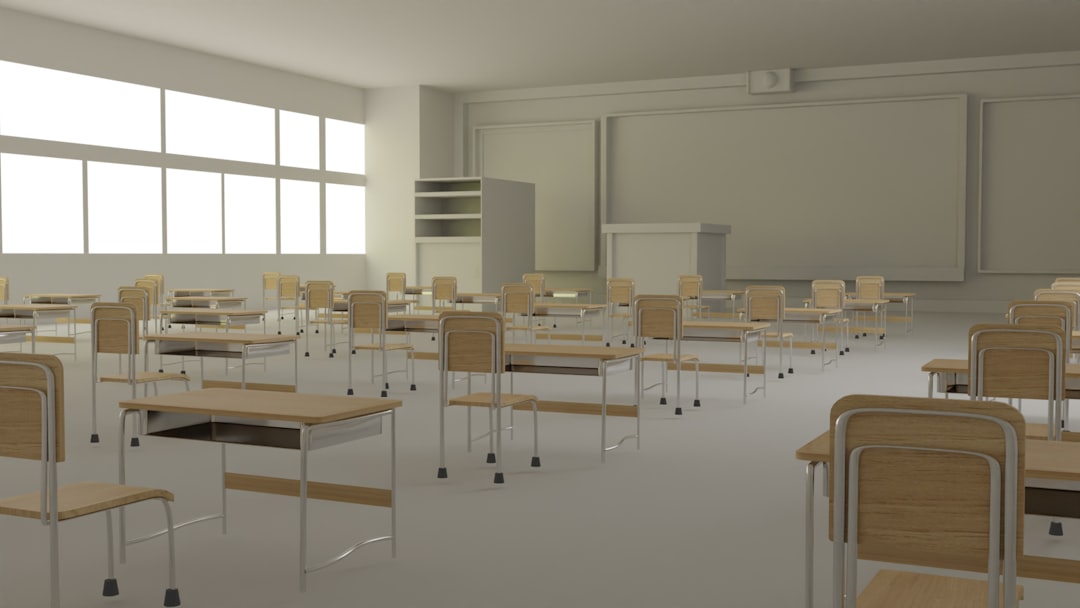 3D classroom with chalkboard, table, chairs, panel and cabinet, front view illustration rendering