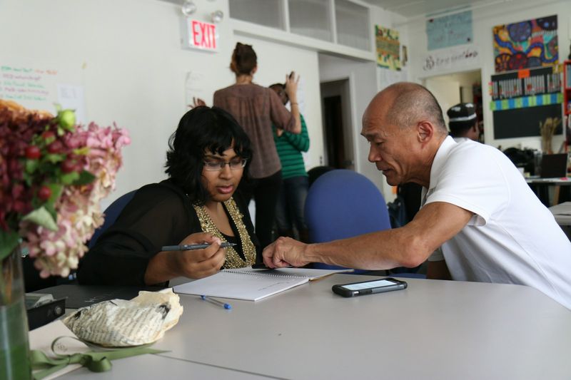 Adult ESL students in a small group language class