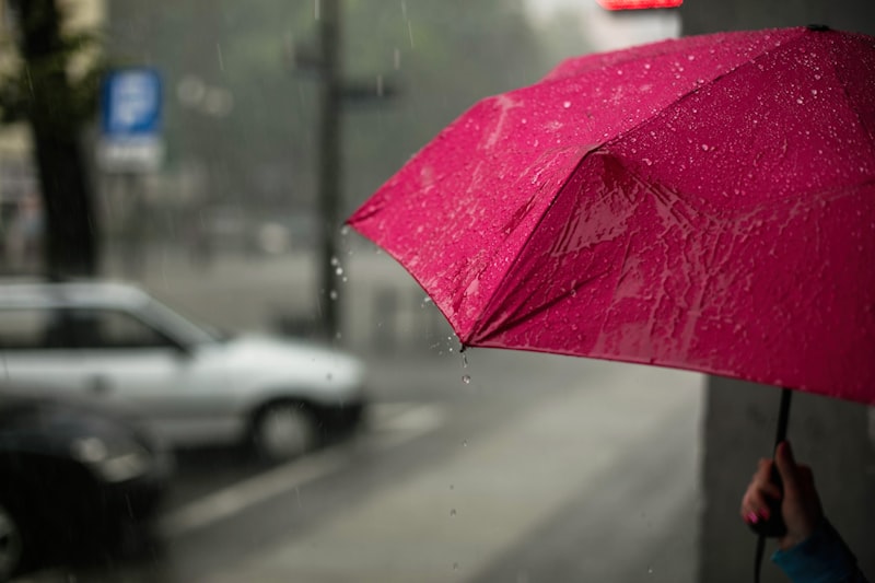 Pink umbrella in heavy rain for raining cats and dogs idiom