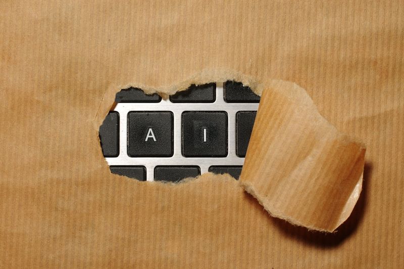 AI keyboard exposed through torn paper representing AI fabricated facts