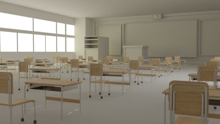 3D classroom with chalkboard, table, chairs, panel and cabinet, front view illustration rendering