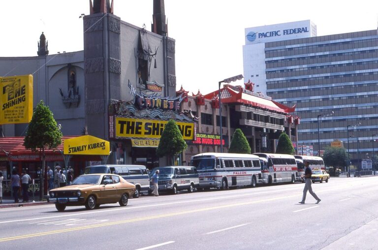 Retro view of 1980s Hollywood street with classic cars and Grauman's Chinese Theatre.