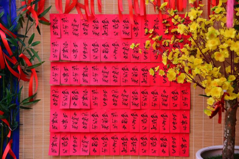 Red envelopes and yellow flowers create a festive Lunar New Year atmosphere.