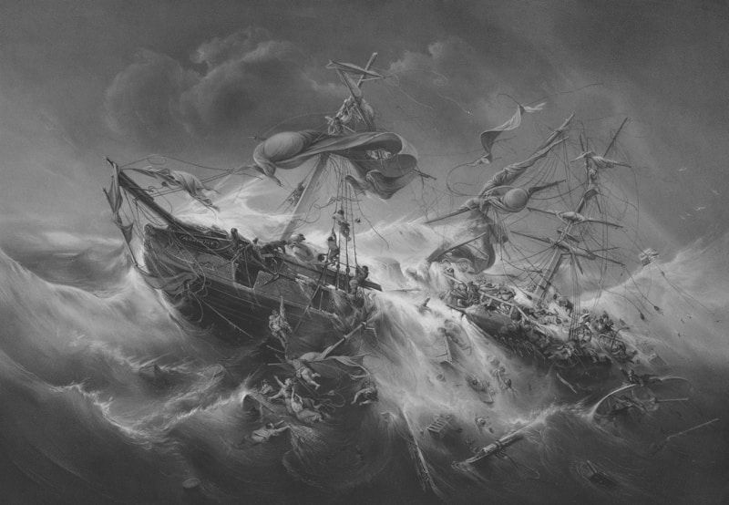 Sailing ship in a storm before the Robinson Crusoe shipwreck