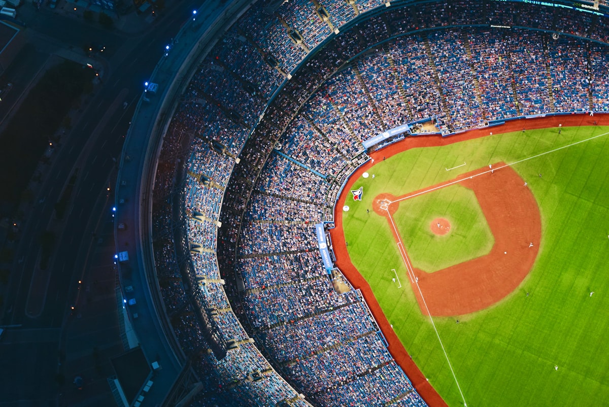Aerial view of a packed baseball stadium, the origin of the idiom out of left field