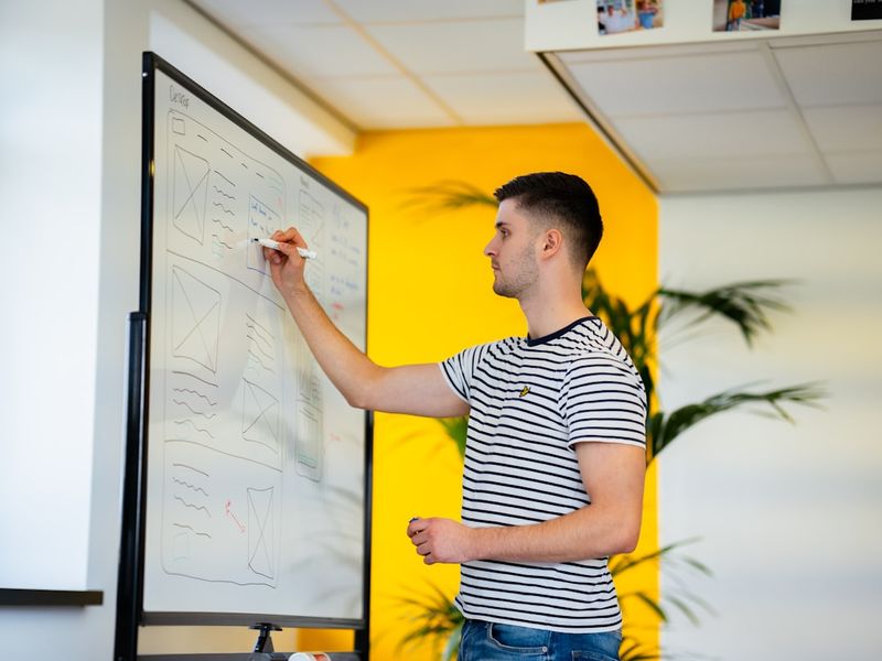 ESL teacher demonstrating question formation on whiteboard