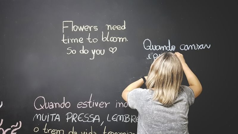 teacher writing ESL capitalization lesson on chalkboard for sequenced instruction