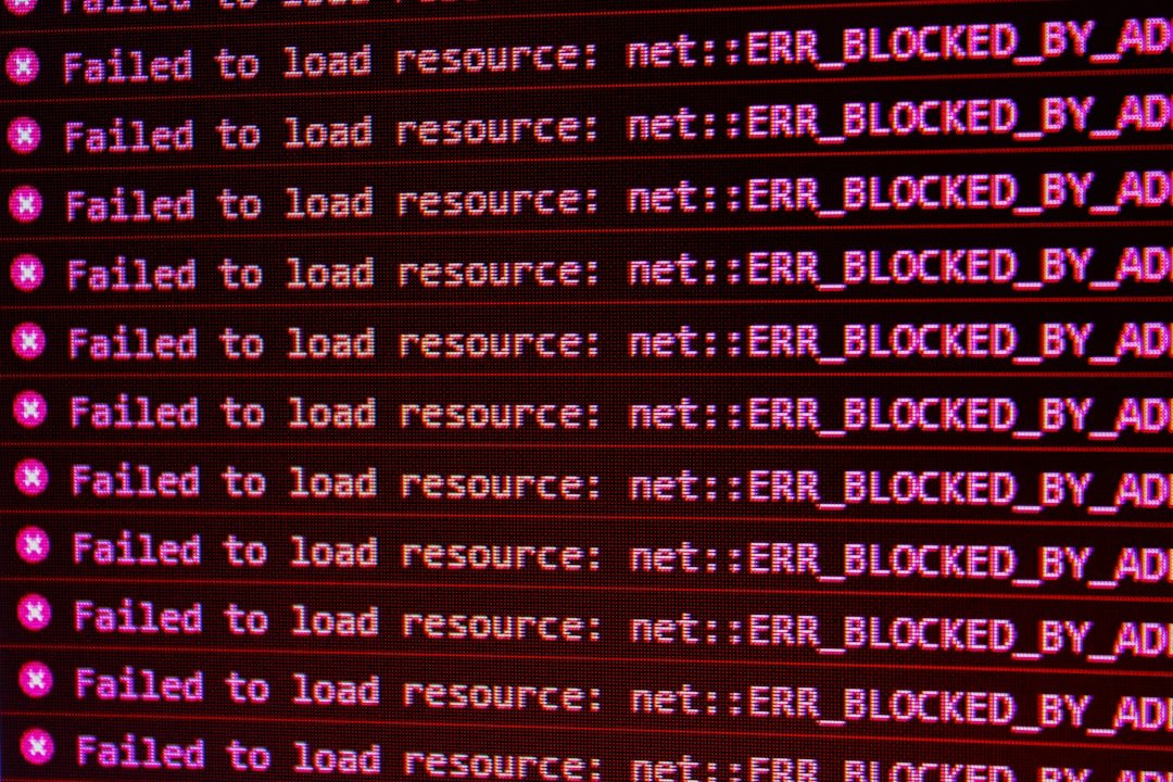 Red error messages on a black computer screen indicating blocked web resources