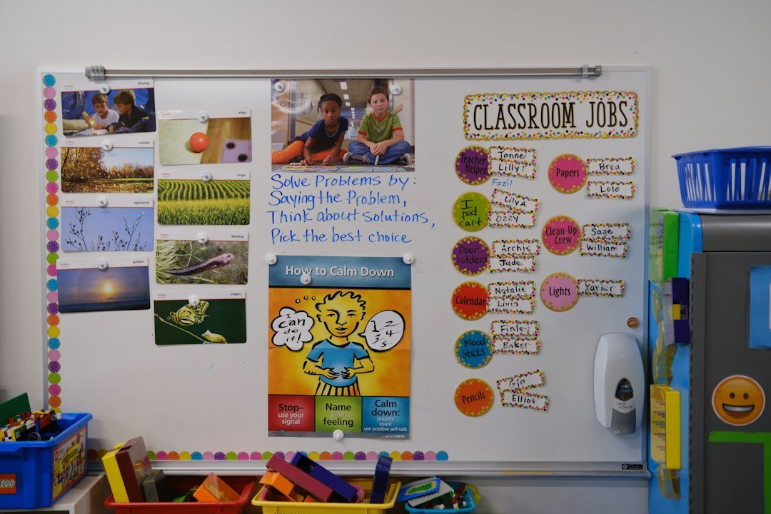 A classroom whiteboard with educational posters, job charts, and student name tags