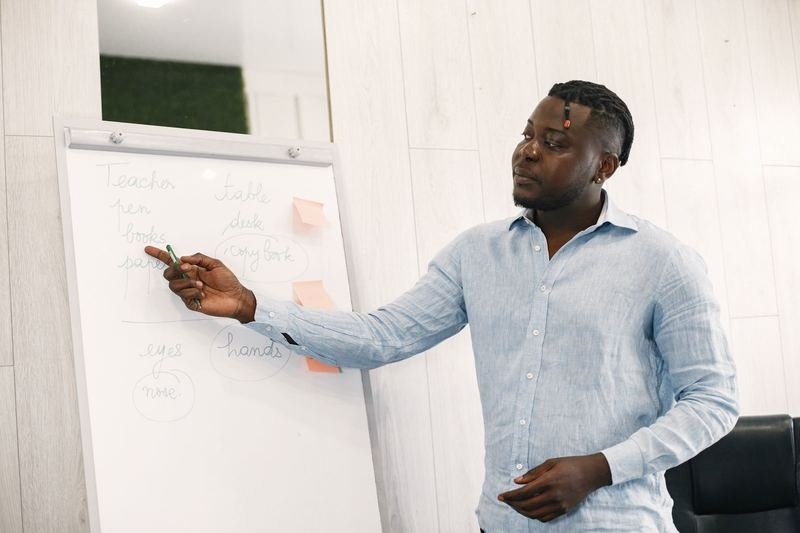 Teacher pointing to a word stress pattern on the classroom board