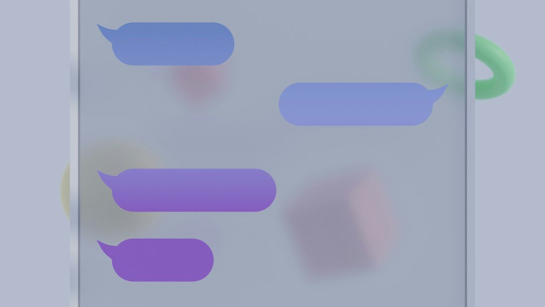 Four purple speech bubbles on a translucent screen with floating geometric shapes