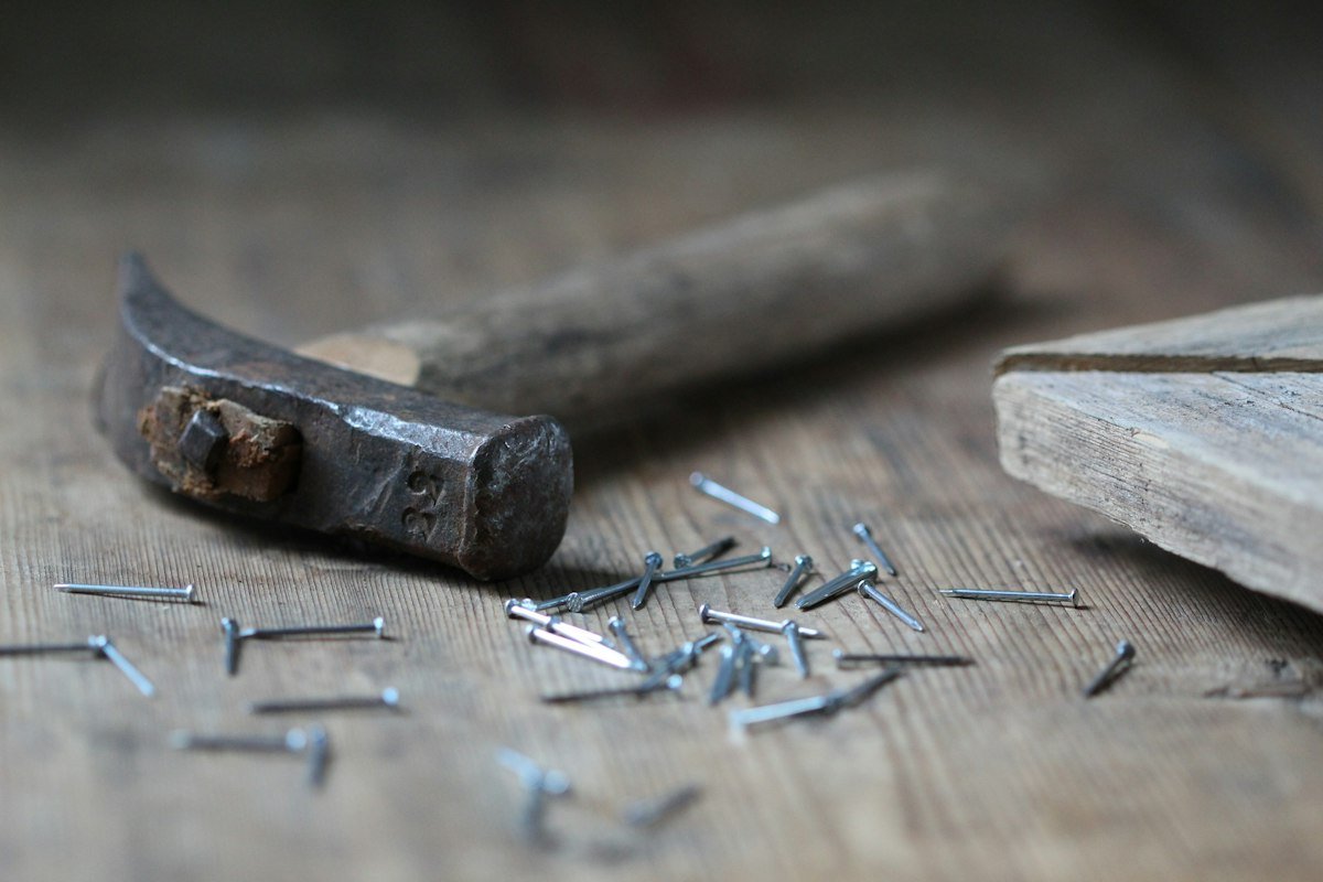 Claw hammer resting beside nails on wood, illustrating hit the nail on the head