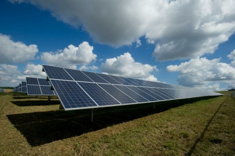 Large field of solar panels generating renewable energy