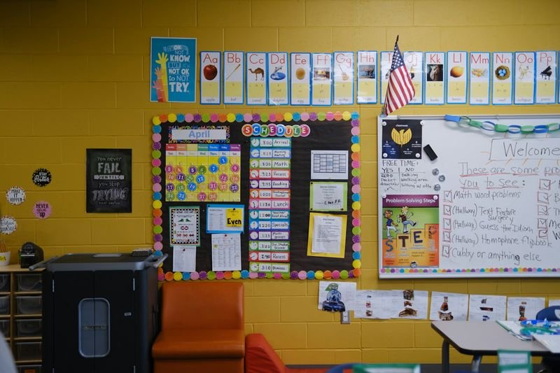 Classroom wall schedule used to time a station rotation ESL lesson