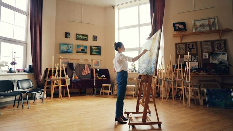 Art studio easels used for visual-spatial intelligence ESL activity